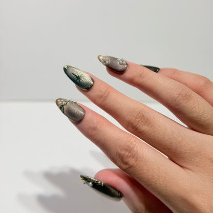 Chocolate Gold Press On Nails - Cat Eye Shimmer with Pearls & Stars  - Vintage Luxury Old Money Style Nails - Custom Size Set - PN251113