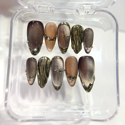 Luxury Brown Gold Cat Eye Press On Nails - 3D Molten Gold & Pearl Nails - Brown Chrome Gel Press Ons - Custom Size Set - NM233023
