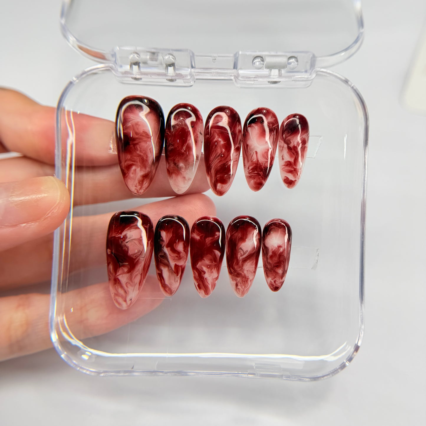 Burgundy Marble Press On Nails, Dark Red Smoke False Nails, Luxury Gel Nails, Moody Ethereal Pressons, Handmade Nail Art, Gift For Her - MSP2608066