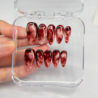 Burgundy Marble Press On Nails, Dark Red Smoke False Nails, Luxury Gel Nails, Moody Ethereal Pressons, Handmade Nail Art, Gift For Her - MSP2608066