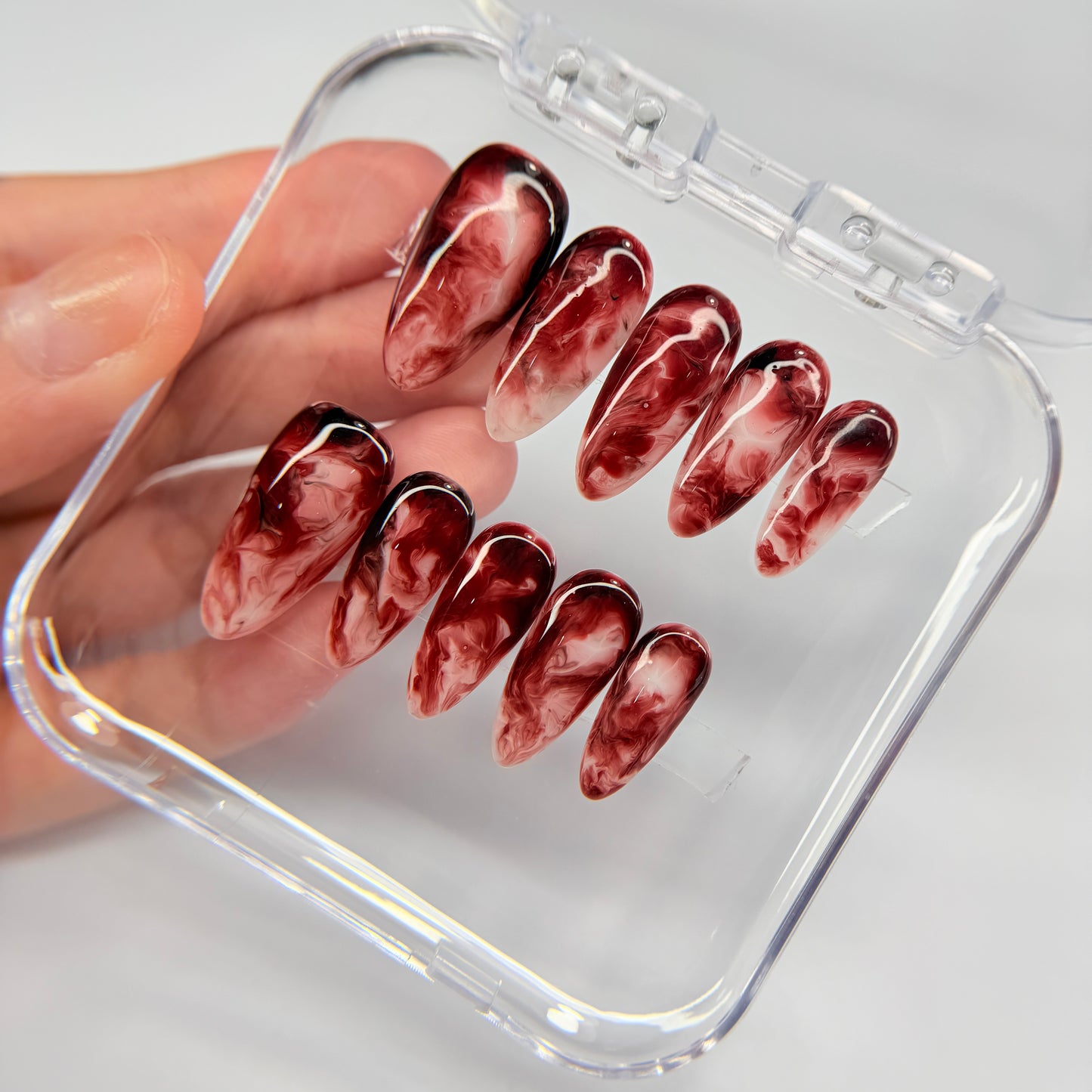 Burgundy Marble Press On Nails, Dark Red Smoke False Nails, Luxury Gel Nails, Moody Ethereal Pressons, Handmade Nail Art, Gift For Her - MSP2608066