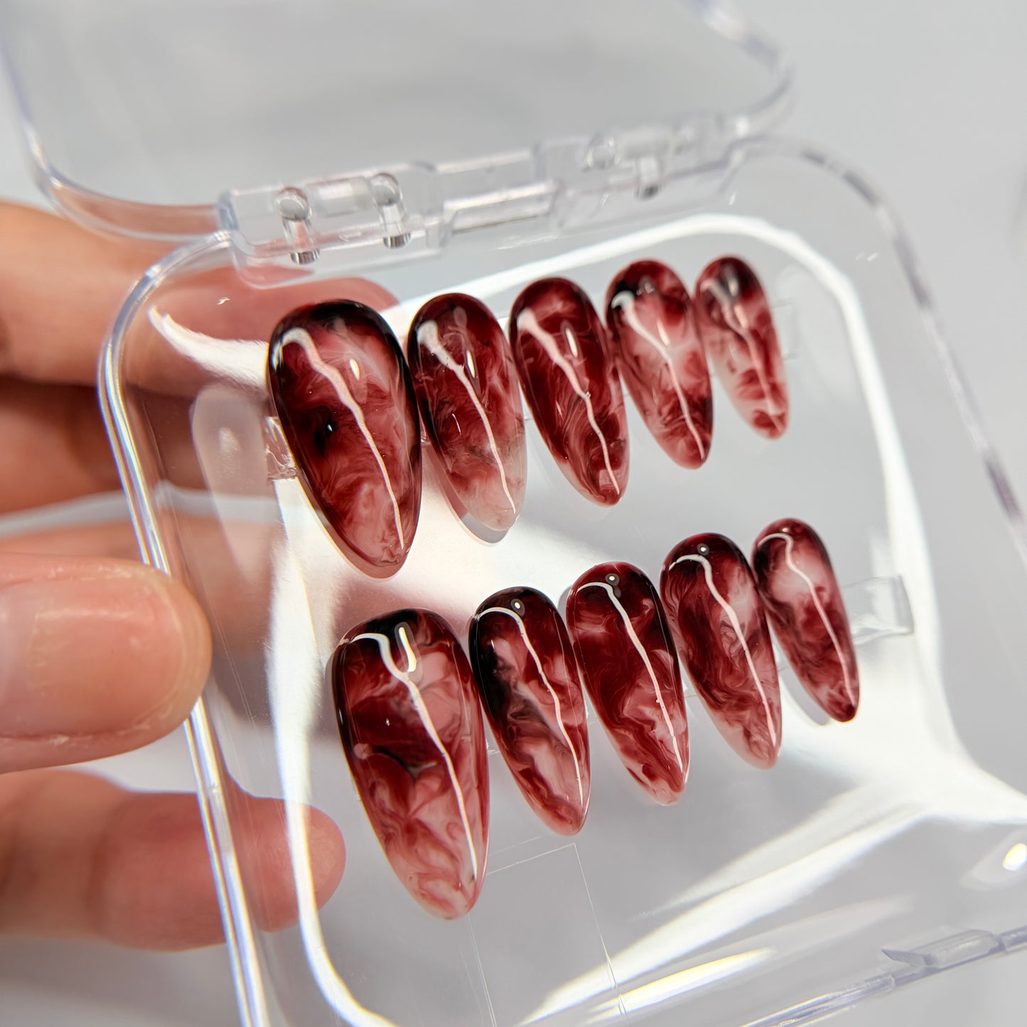 Burgundy Marble Press On Nails, Dark Red Smoke False Nails, Luxury Gel Nails, Moody Ethereal Pressons, Handmade Nail Art, Gift For Her - MSP2608066