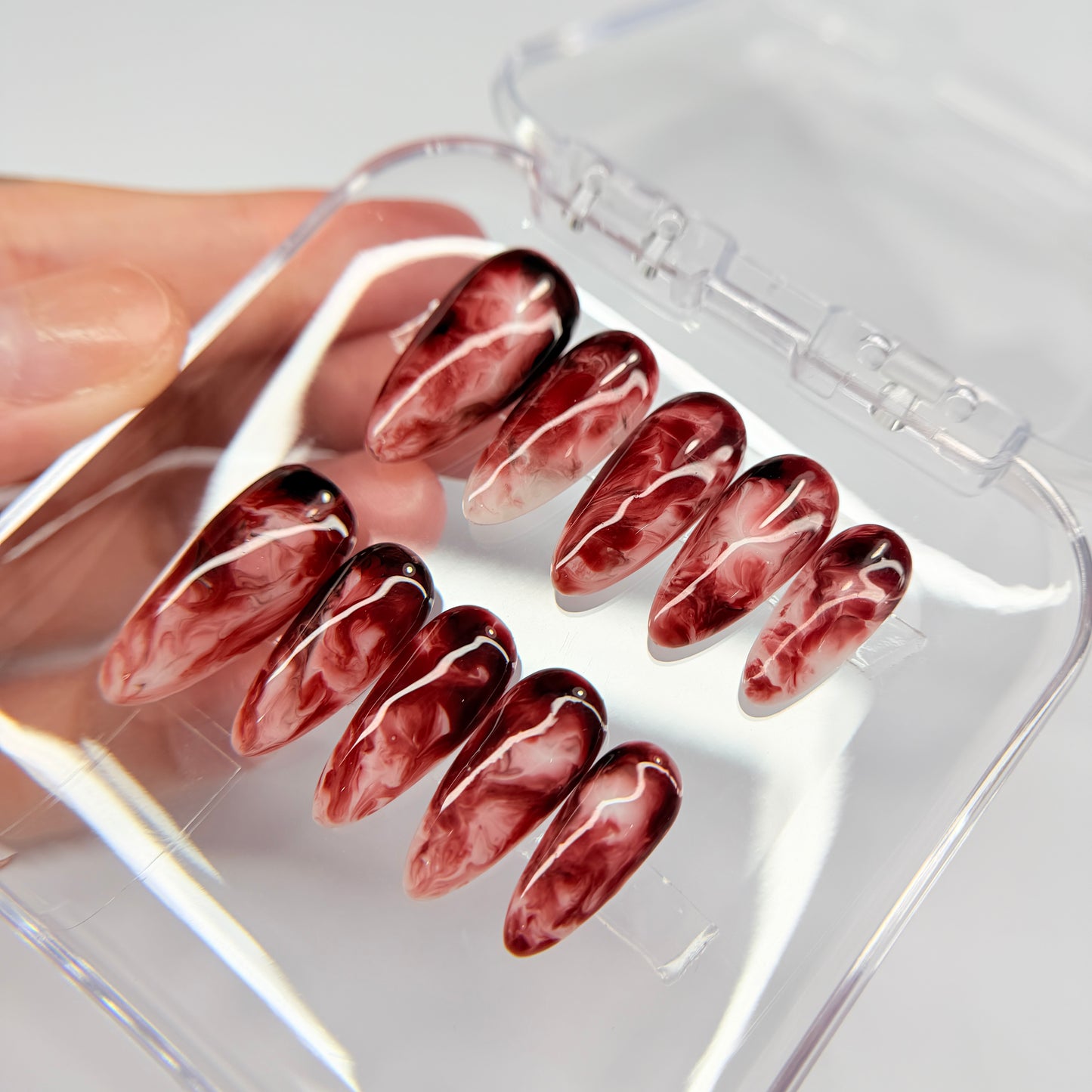 Burgundy Marble Press On Nails, Dark Red Smoke False Nails, Luxury Gel Nails, Moody Ethereal Pressons, Handmade Nail Art, Gift For Her - MSP2608066