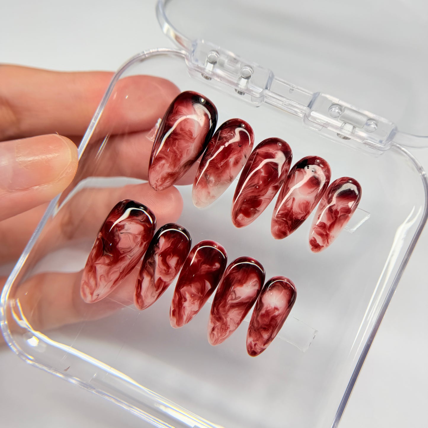 Burgundy Marble Press On Nails, Dark Red Smoke False Nails, Luxury Gel Nails, Moody Ethereal Pressons, Handmade Nail Art, Gift For Her - MSP2608066