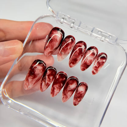 Burgundy Marble Press On Nails, Dark Red Smoke False Nails, Luxury Gel Nails, Moody Ethereal Pressons, Handmade Nail Art, Gift For Her - MSP2608066
