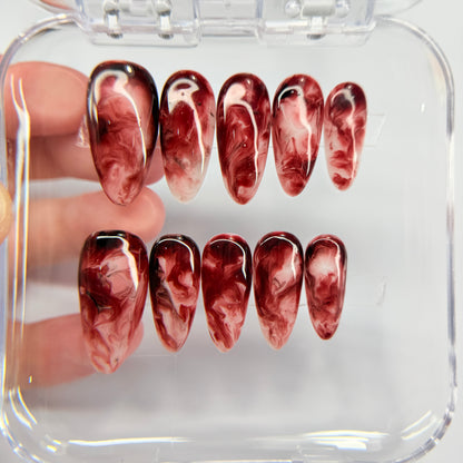 Burgundy Marble Press On Nails, Dark Red Smoke False Nails, Luxury Gel Nails, Moody Ethereal Pressons, Handmade Nail Art, Gift For Her - MSP2608066