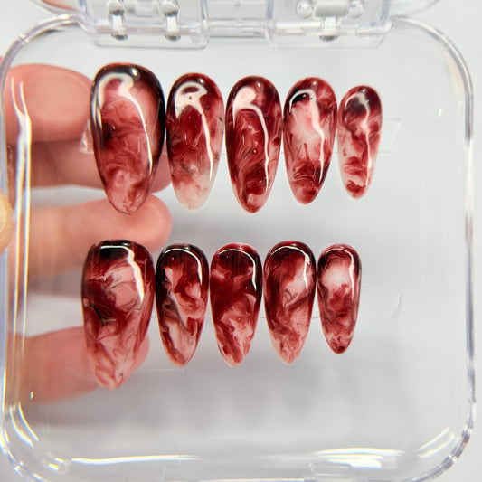 Burgundy Marble Press On Nails, Dark Red Smoke False Nails, Luxury Gel Nails, Moody Ethereal Pressons, Handmade Nail Art, Gift For Her - MSP2608066