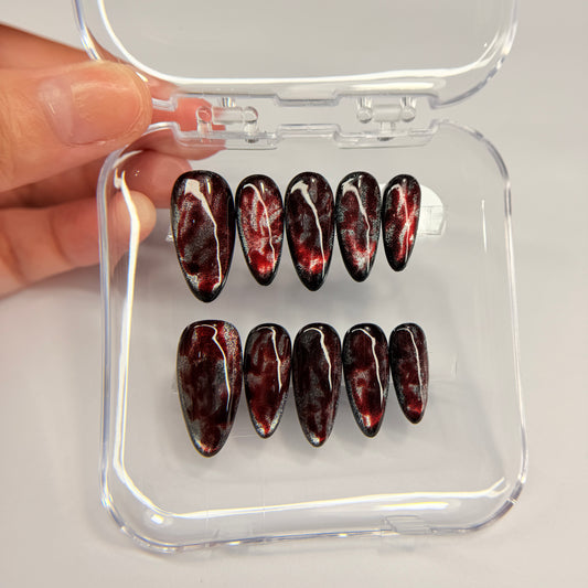 Red Cat Eye Press On Nails, Dark Burgundy Magnetic False Nails, Luxury Gel Pressons, Moody Vampire Nail Art, Reusable Nails, Gift For Her - MSP2608067
