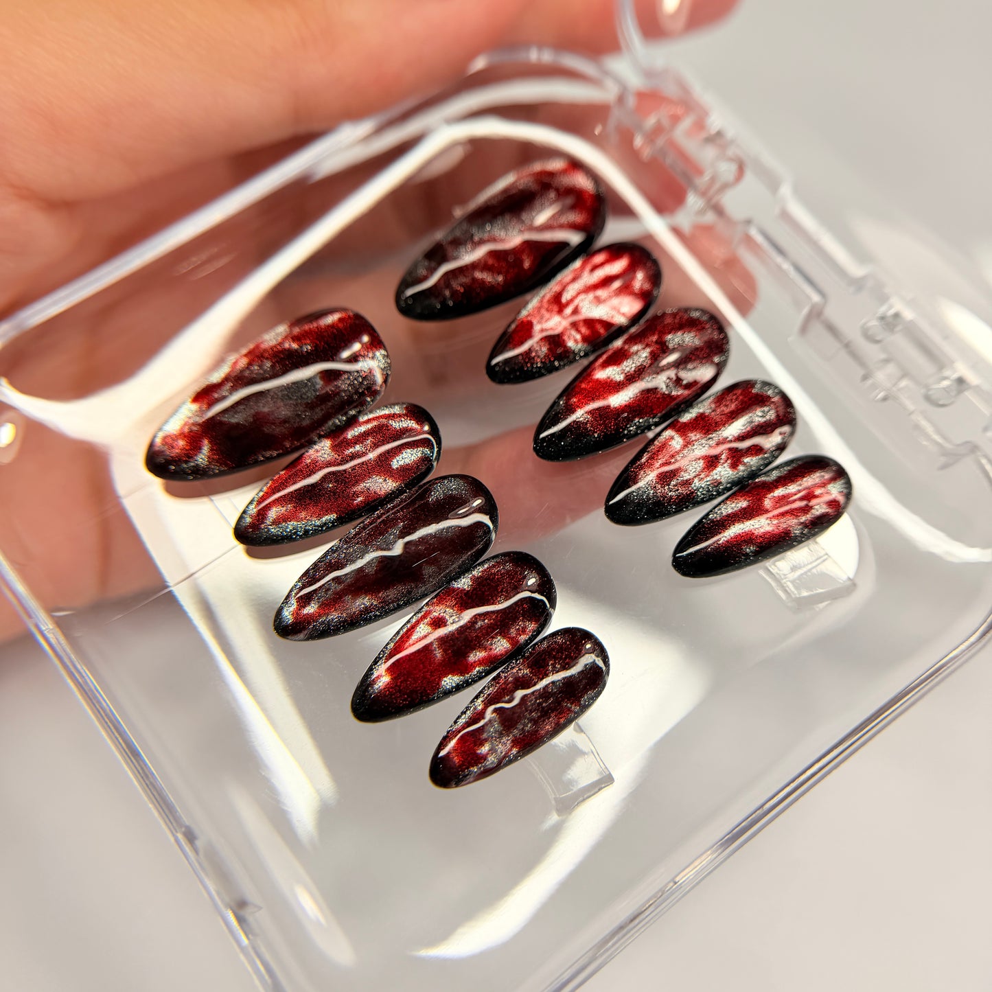 Red Cat Eye Press On Nails, Dark Burgundy Magnetic False Nails, Luxury Gel Pressons, Moody Vampire Nail Art, Reusable Nails, Gift For Her - MSP2608067