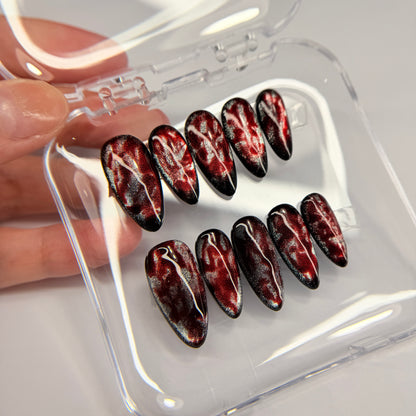 Red Cat Eye Press On Nails, Dark Burgundy Magnetic False Nails, Luxury Gel Pressons, Moody Vampire Nail Art, Reusable Nails, Gift For Her - MSP2608067