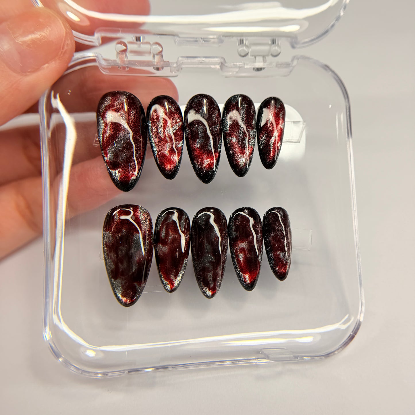 Red Cat Eye Press On Nails, Dark Burgundy Magnetic False Nails, Luxury Gel Pressons, Moody Vampire Nail Art, Reusable Nails, Gift For Her - MSP2608067