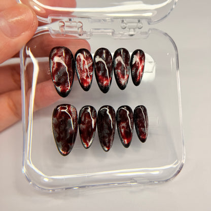 Red Cat Eye Press On Nails, Dark Burgundy Magnetic False Nails, Luxury Gel Pressons, Moody Vampire Nail Art, Reusable Nails, Gift For Her - MSP2608067