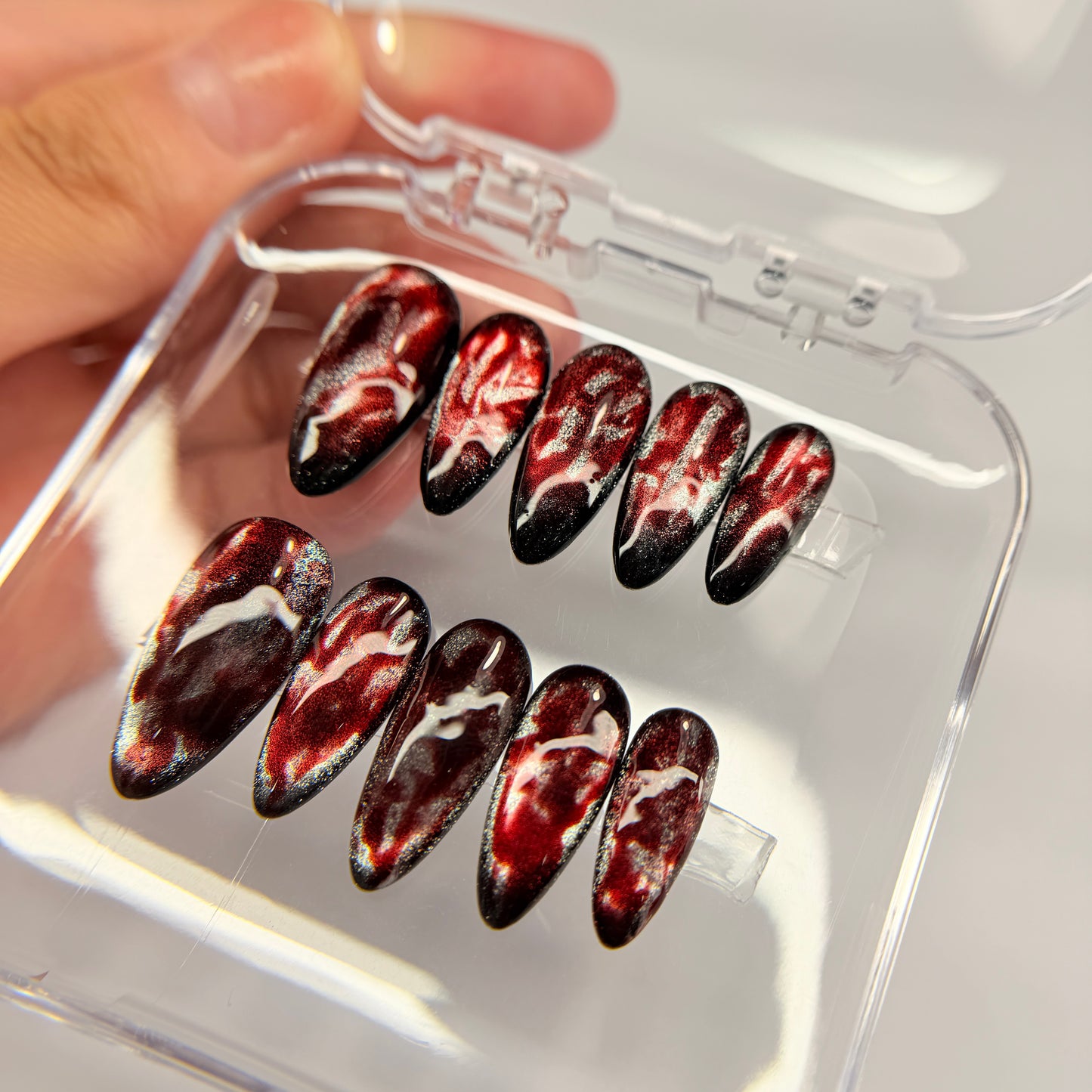 Red Cat Eye Press On Nails, Dark Burgundy Magnetic False Nails, Luxury Gel Pressons, Moody Vampire Nail Art, Reusable Nails, Gift For Her - MSP2608067