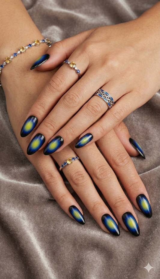 Aura Airbrush Press On Nails - Black Blue Neon Yellow Ombre - Thermal Heat Map Effect - Y2K Rave Festival - Reusable Custom Size - Custom Size Set - PN251102