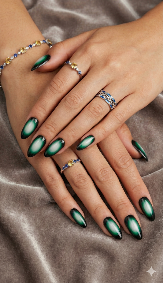 Green Aura Press On Nails - Black Ombre Airbrush - Witchy Goth Y2K - Emerald Cyber Gel Manicure - Reusable Custom Size - Custom Size Set - PN251101