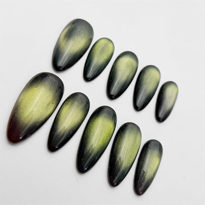 Green Cat Eye Press On Nails - Emerald Reflective Nails - Party Night Out - Handmade Magnetic Nail Set - Custom Size Set - NM233025