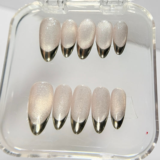 Silver Chrome French Tip Press On Nails - White Velvet Cat Eye - Modern Luxury Manicure - Reusable Gel False Nails - Custom Size Set - NM233035