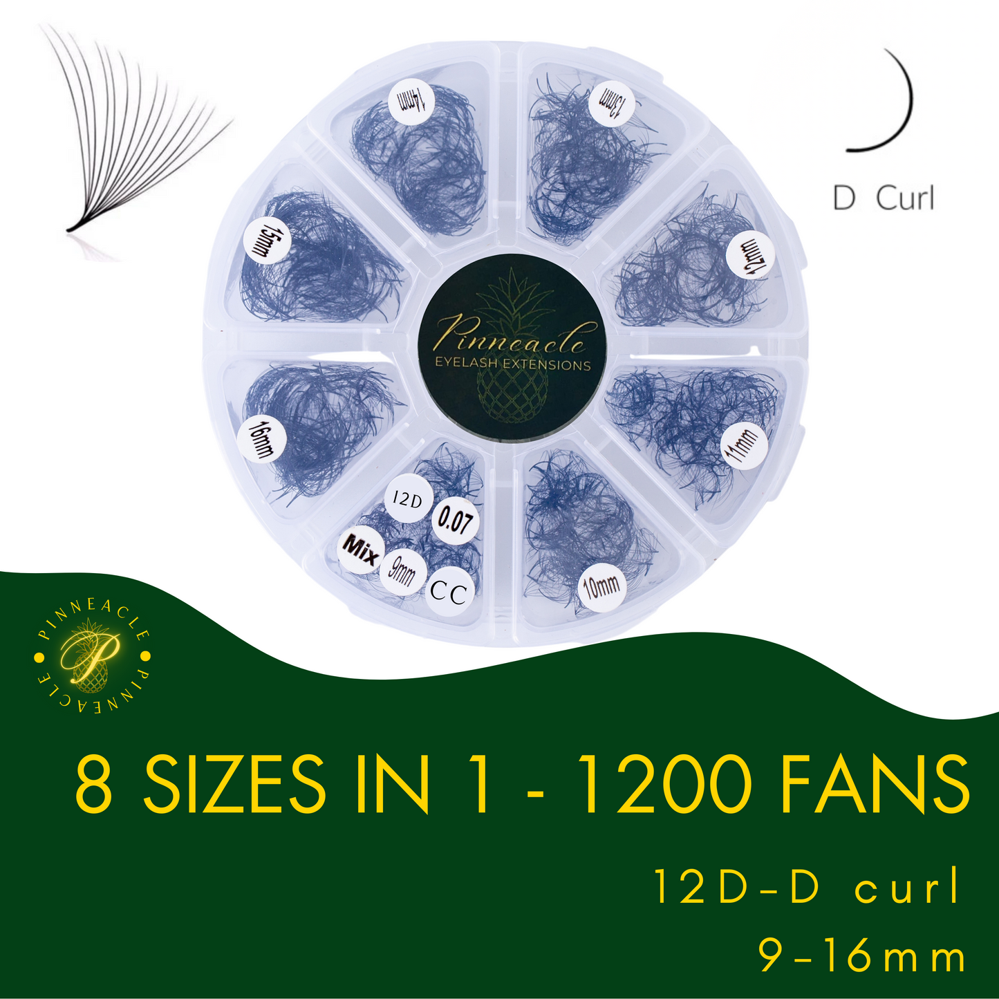 12D Volume | 1200 Premade Volume Fans - 8 sizes in 1 box | Lengths : 9-16mm | Round Box