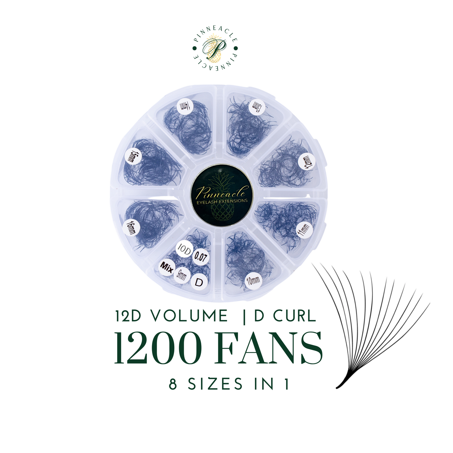 12D Volume | 1200 Premade Volume Fans - 8 sizes in 1 box | Lengths : 9-16mm | Round Box