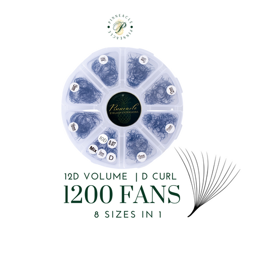 12D Volume | 1200 Premade Volume Fans - 8 sizes in 1 box | Lengths : 9-16mm | Round Box