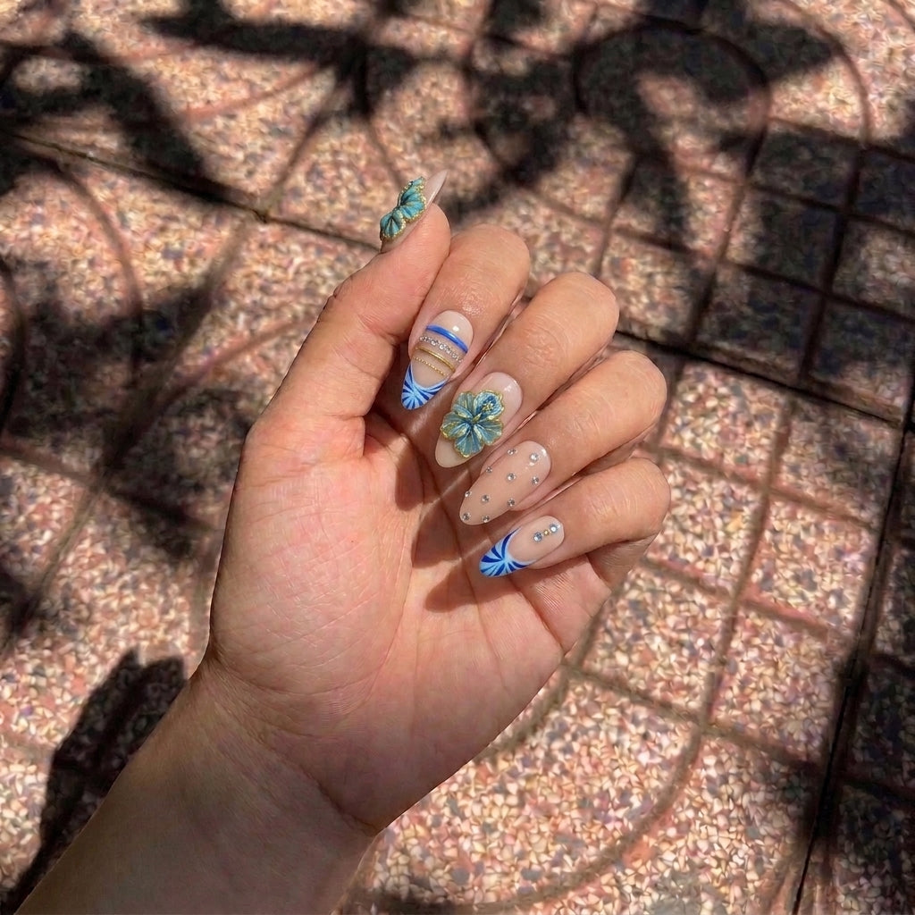 Blue 3D Flower Press On Nails, Gold Hibiscus Nails, Luxury Rhinestone Crystal Glue On Nails, Resort Vacation Custom Manicure, Gift For Her - CT260901