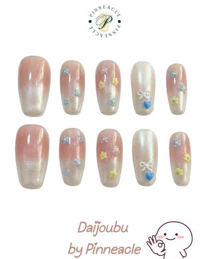 Pastel Floral Ombre Press On Nails, 3D Flower Blue Heart Bow Set, Glazed Chrome Coquette Reusable Soft Gel False Nails, Custom Size, Gift - PN251303