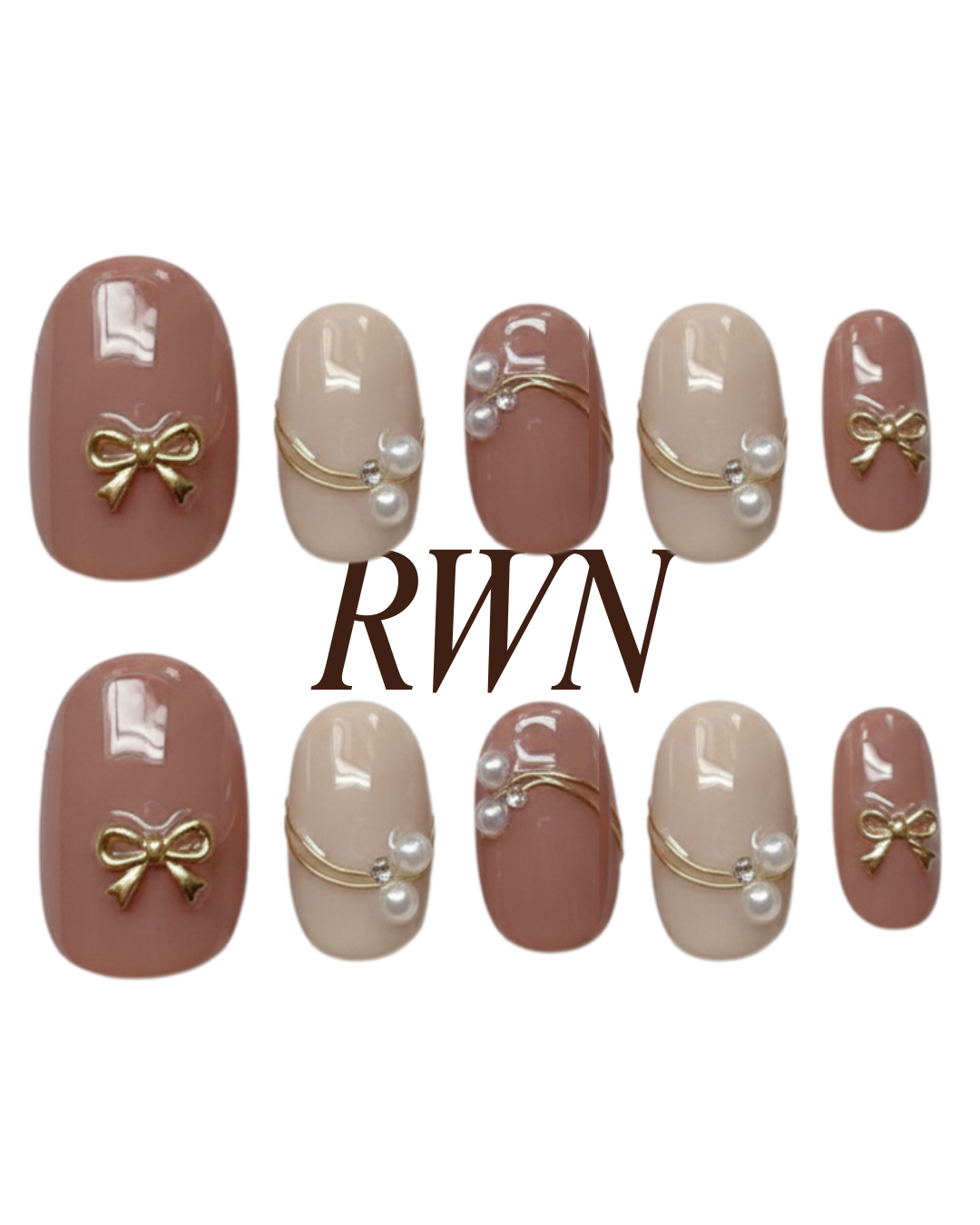 Nude and Mauve Bow Press On Nails, Pearl and Gold Wire Accent Nails, Coquette Aesthetic Nails, Short Round Elegant Fake Nails, Reusable Gift - PN251295