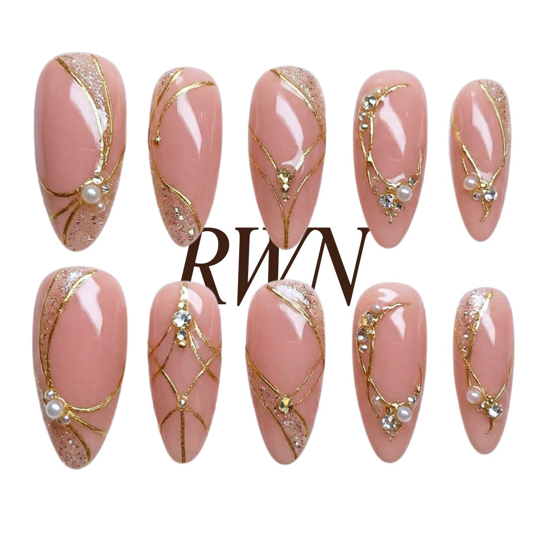 Pink Nude Nails, Gold Line Art Press On, Pearl Rhinestone Nails, Medium Almond, Bridal Manicure, Champagne Glam, Pinneacle, Custom Size Gift - PN251312
