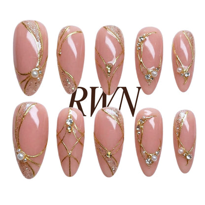 Pink Nude Nails, Gold Line Art Press On, Pearl Rhinestone Nails, Medium Almond, Bridal Manicure, Champagne Glam, Pinneacle, Custom Size Gift - PN251312