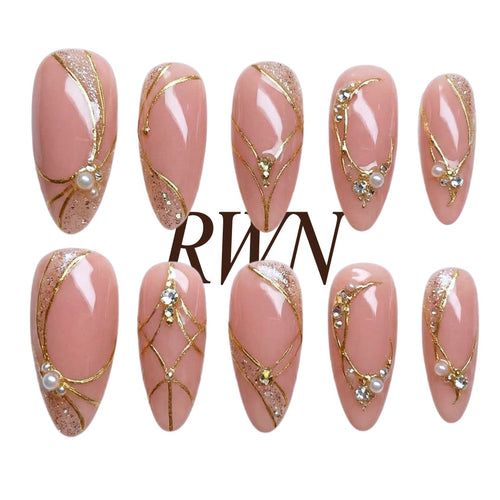 Pink Nude Nails, Gold Line Art Press On, Pearl Rhinestone Nails, Medium Almond, Bridal Manicure, Champagne Glam, Pinneacle, Custom Size Gift - PN251312