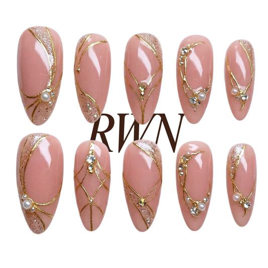 Pink Nude Nails, Gold Line Art Press On, Pearl Rhinestone Nails, Medium Almond, Bridal Manicure, Champagne Glam, Pinneacle, Custom Size Gift - PN251312