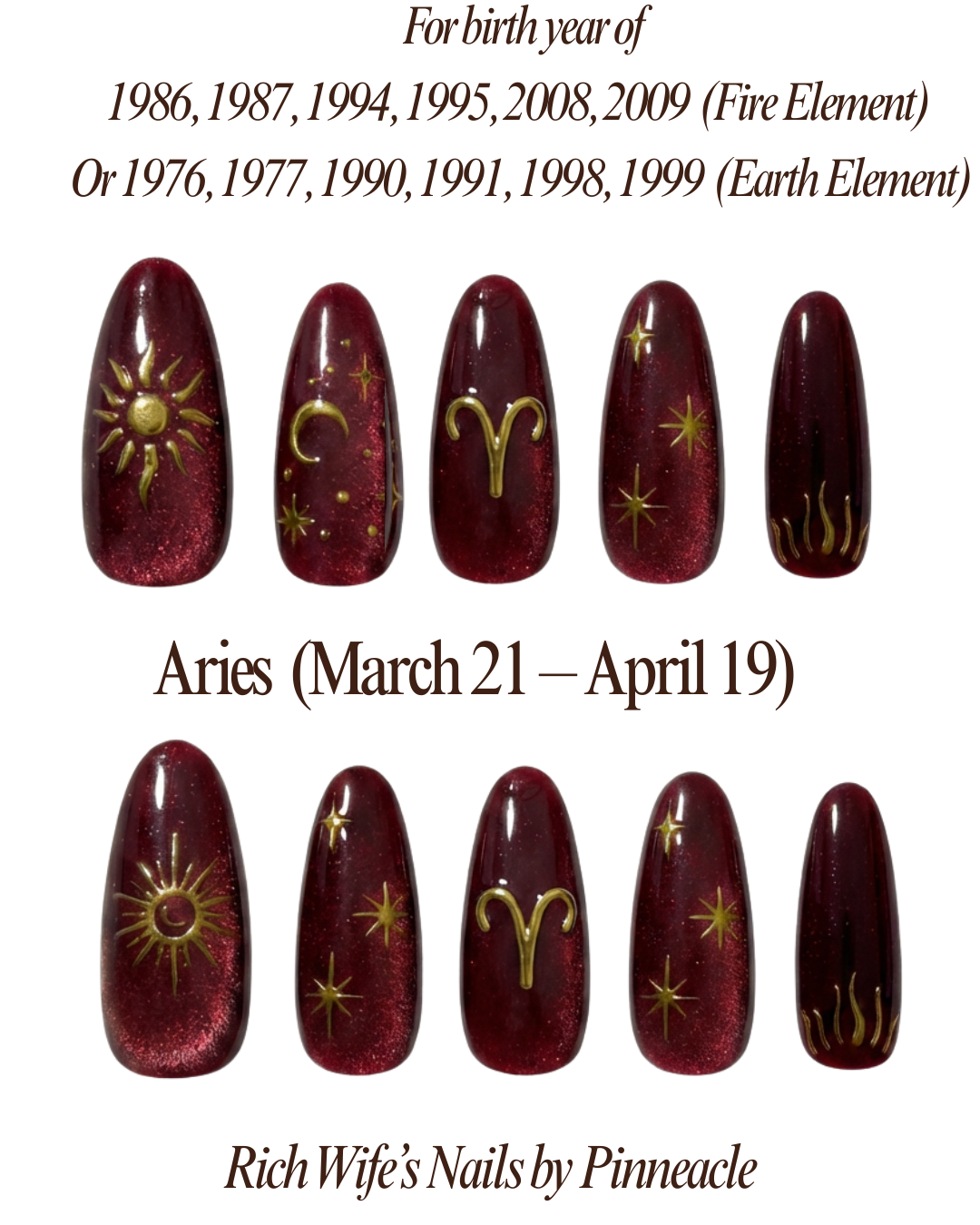 Aries Zodiac Nails Burgundy Cat Eye Press On, Red Gold Birthday Gift Theme Nails, Astrology Manicure, Fire Sign Nails, Handmade By Pinneacle - PN251327