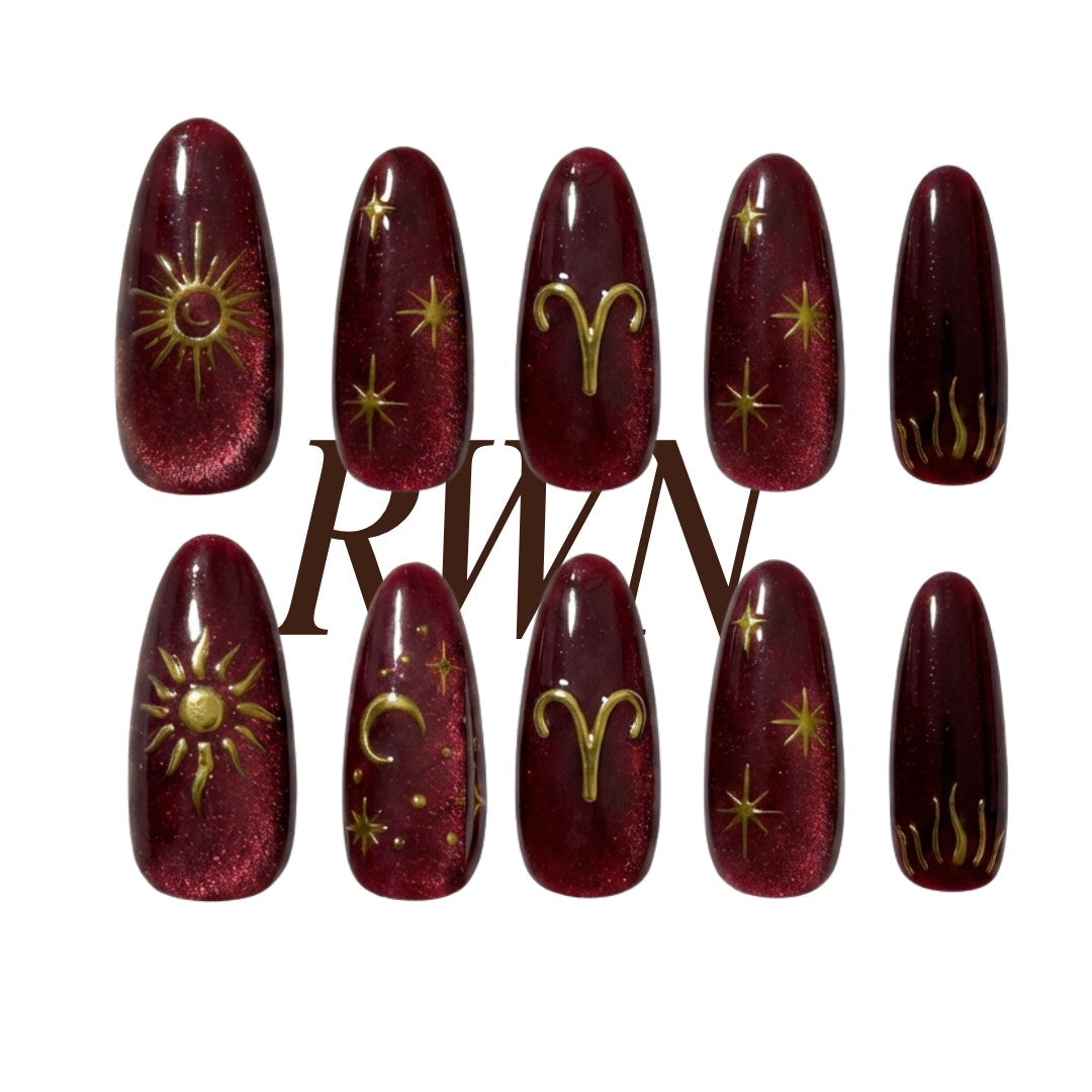 Aries Zodiac Nails Burgundy Cat Eye Press On, Red Gold Birthday Gift Theme Nails, Astrology Manicure, Fire Sign Nails, Handmade By Pinneacle - PN251327