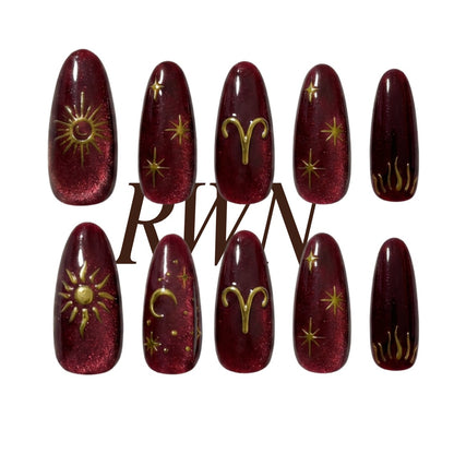 Aries Zodiac Nails Burgundy Cat Eye Press On, Red Gold Birthday Gift Theme Nails, Astrology Manicure, Fire Sign Nails, Handmade By Pinneacle - PN251327