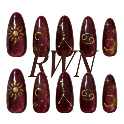Cancer Zodiac Nails, Burgundy Cat Eye Press On, Gold Celestial Fake Nails, Medium Almond, Astrology Manicure, Constellation Nails, Pinneacle - PN251330
