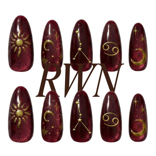 Cancer Zodiac Nails, Burgundy Cat Eye Press On, Gold Celestial Fake Nails, Medium Almond, Astrology Manicure, Constellation Nails, Pinneacle - PN251330