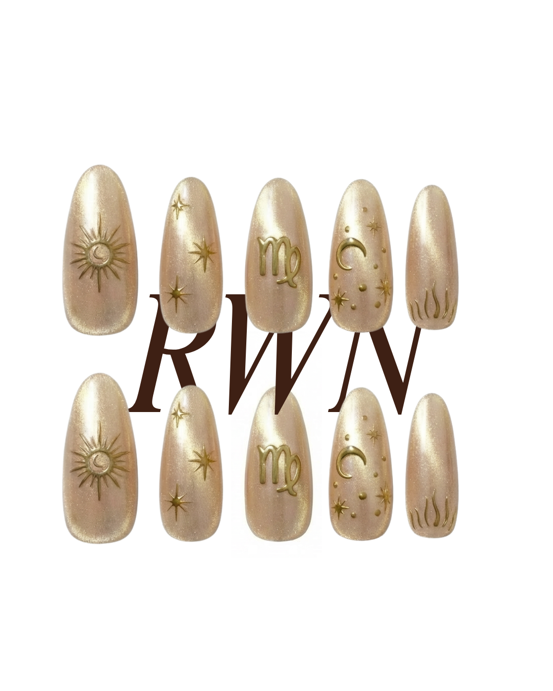 Virgo Zodiac Nails, Champagne Gold Cat Eye Press On, Celestial Nails, Medium Almond, Astrology Manicure, Magic Nails, Pinneacle, Custom Gift - PN251331