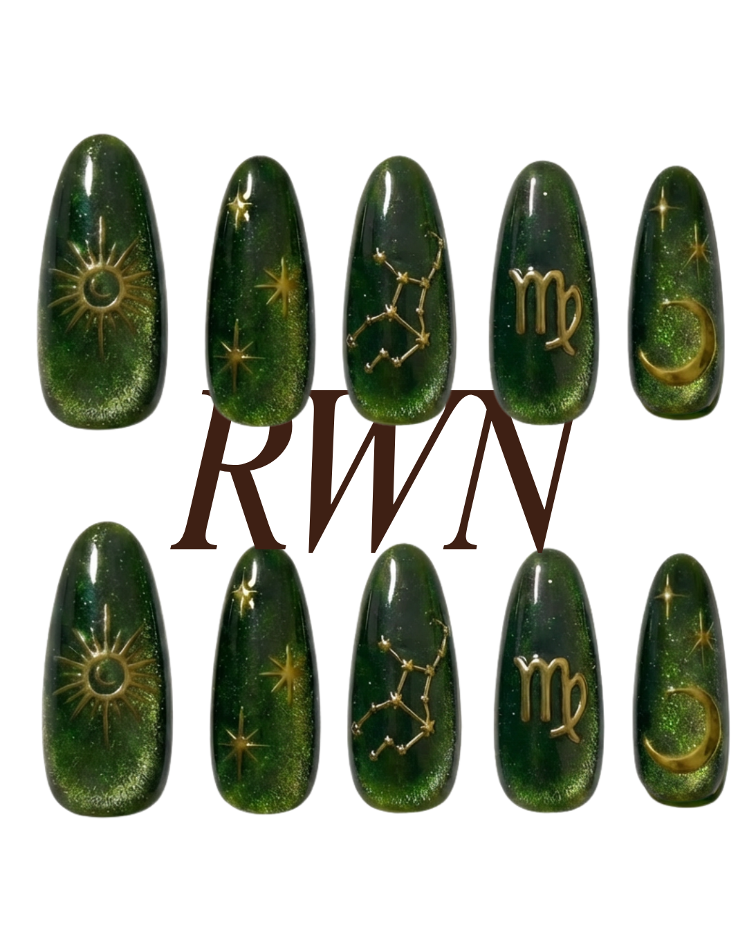 Virgo Zodiac Nails, Green Cat Eye Astrology Press On Nails, Emerald Gold Nails, Gold Constellation Celestial Set, Personalized Birthday Gift - PN251333