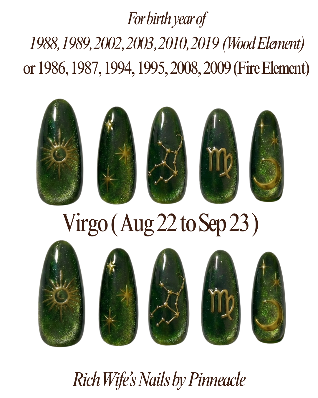 Virgo Zodiac Nails, Green Cat Eye Astrology Press On Nails, Emerald Gold Nails, Gold Constellation Celestial Set, Personalized Birthday Gift - PN251333