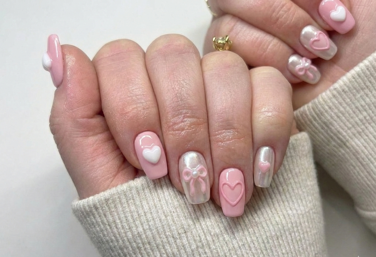 Pink Pearl Chrome Nails, 3D Bow Charm, Heart Nail Art, Coquette Aesthetic, Balletcore, Short Coffin, Cute Valentine Gift, Soft Girl Press On - PN251273