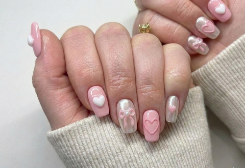 Pink Pearl Chrome Nails, 3D Bow Charm, Heart Nail Art, Coquette Aesthetic, Balletcore, Short Coffin, Cute Valentine Gift, Soft Girl Press On - PN251273