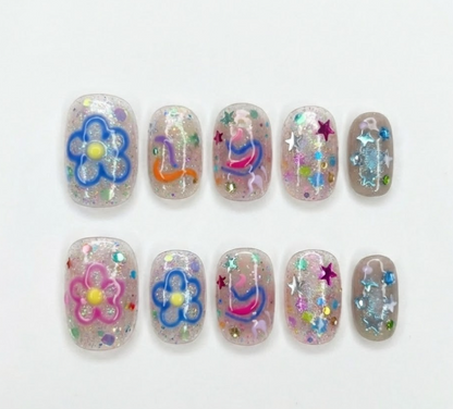 Y2K Glitter Confetti Press On Nails – Hand Painted Flower Doodle, Abstract Swirls - Harajuku Decora Funky Gel - Custom Size Set - PN251179