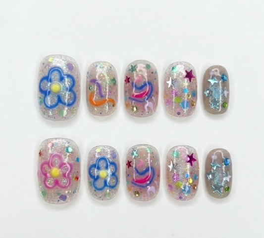 Y2K Glitter Confetti Press On Nails – Hand Painted Flower Doodle, Abstract Swirls - Harajuku Decora Funky Gel - Custom Size Set - PN251179