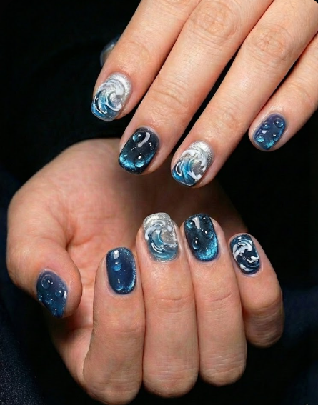 Ocean Wave Press On Nails - Deep Blue Cat Eye Water Droplets - 3D Silver Sea Foam Art - Mermaid Siren Core Summer - Custom Size Set - PN251169