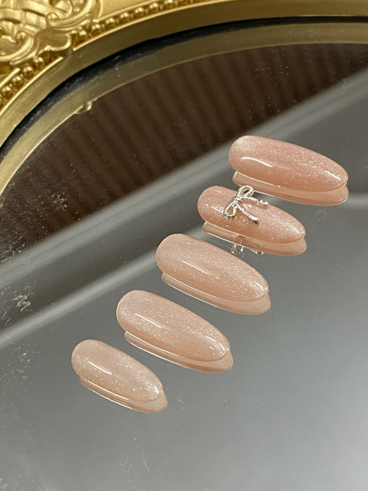 Pink Cat Eye Bow Press On Nails - Glitter Pink Almond Nails with Bow Charm - Handmade Reusable Nail Set - Custom Size Set - PN251108