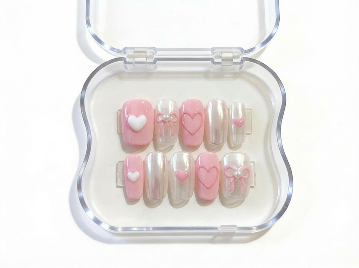 Pink Pearl Chrome Nails, 3D Bow Charm, Heart Nail Art, Coquette Aesthetic, Balletcore, Short Coffin, Cute Valentine Gift, Soft Girl Press On - PN251273