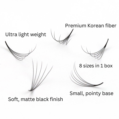 12D Volume | 1200 Premade Volume Fans - 8 sizes in 1 box | Lengths : 9-16mm | Round Box