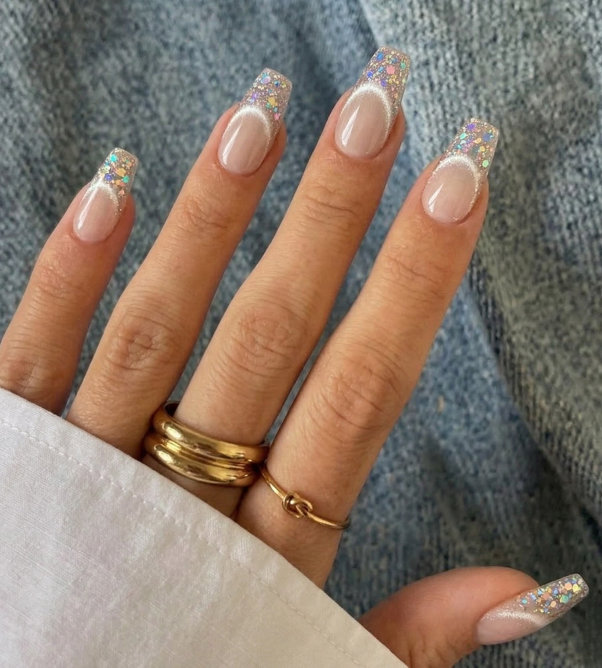 Rich Wife Nails Nude Silver Holographic Glitter, Velvet Cat Eye French Tip Set, Chunky Diamond Shimmer Reusable Nails, Personalized Gift - PN251336
