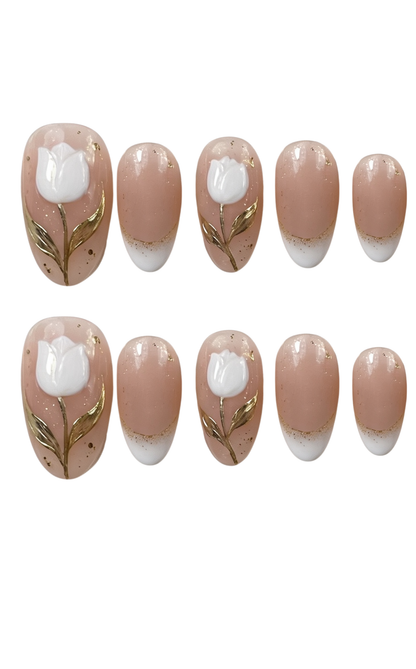 3D Tulip Press On Nails, Elegant White Flower Nails, Gold Leaf Detail Fake Nails, Nude French Tip Nails, Classy Luxury Reusable Glue Ons - PN251297