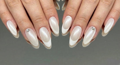 Pearl French Tip Wedding, Engagement Press On Nails - White on White Nails with Crystal Accent - Elegant Soft Gel - Custom Size Set - PN251125